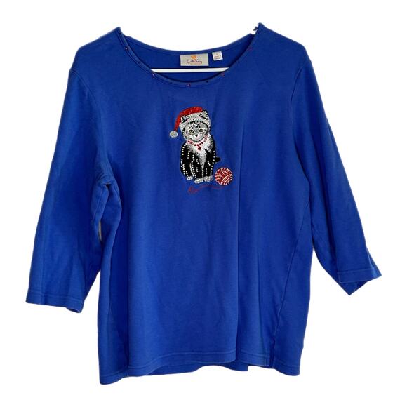 Quacker Factory Women’s Blue Long-sleeve Top, Embroidered Cat, Large, Pre-owned - Picture 4 of 6
